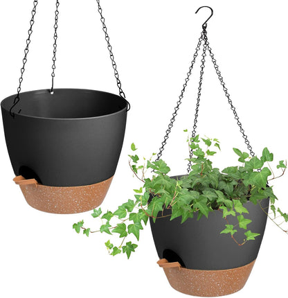 Vanslogreen Hanging Planters for Indoor Outdoor Plants, 2 Pack Self Watering Hanging Pot with Drainage Holes & Removable Tray (Black, 8'')