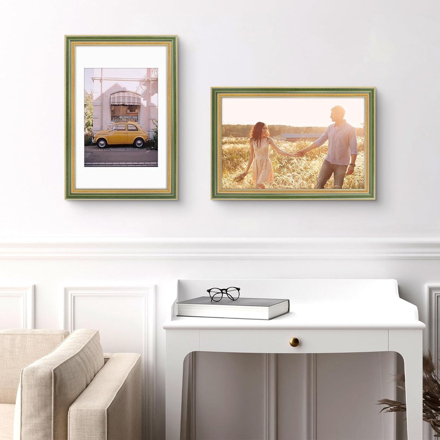 Golden State Art,11x14 Ornate Picture Frame for 8x10 Photo with Mat or 11 x 14 Prints without Mat,Real Glass Wall Display(Color:Green Gold)