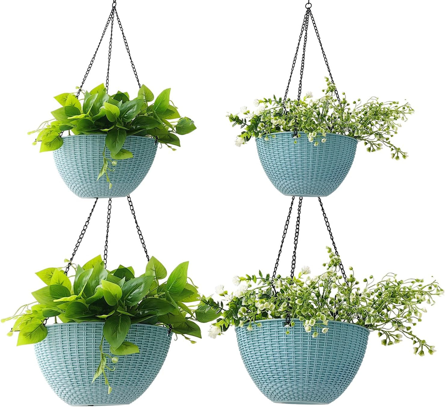 RooTrimmer Hanging Planters for Indoor Outdoor Plants 8 and 10 Inch, 4 Packs Hanging Flower Pot with Drainage Holes, Self-Watering Hanging Basket Perfect for Home, Office and Garden, White