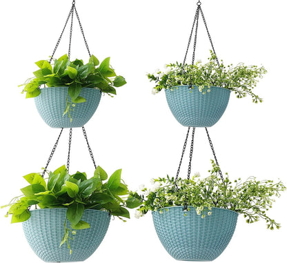 RooTrimmer Hanging Planters for Indoor Outdoor Plants 8 and 10 Inch, 4 Packs Hanging Flower Pot with Drainage Holes, Self-Watering Hanging Basket Perfect for Home, Office and Garden, White