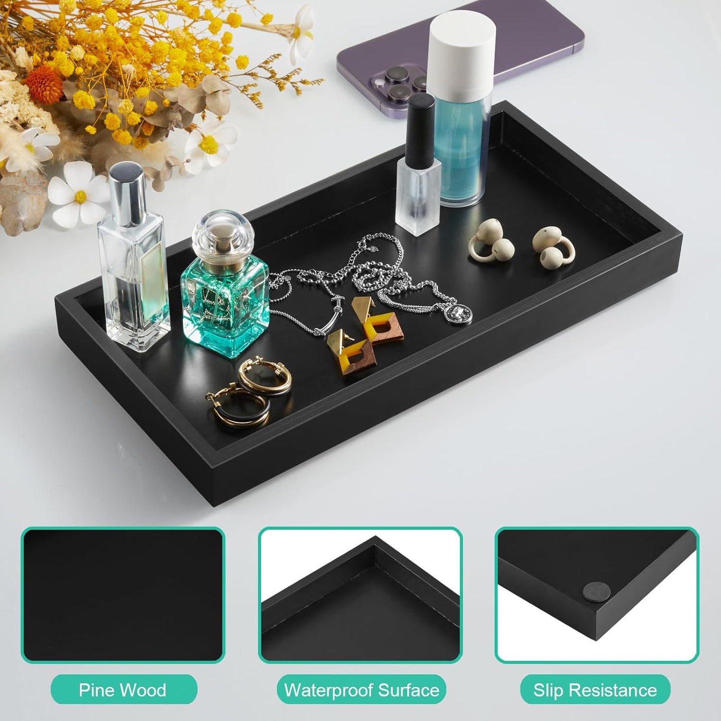 ALELION 11.7" Bathroom Vanity Tray for Counter - Acacia Wood Decorative Tray for Toilet Tank Makeup Perfume Jewelry Catchall Coffee Table - Wooden Kitchen Countertop Organizer for Soap Dispenser