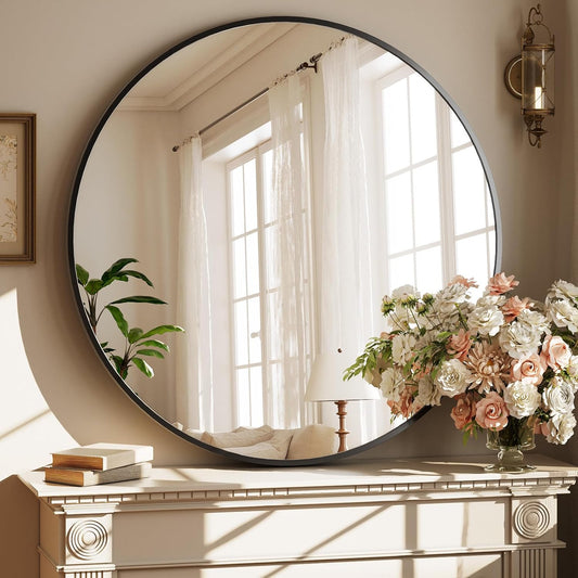 XRAMFY 30 Inch Round Mirror - Circle Mirrors for Bathroom, Entryway and Living Room Wall Decor, Modern Hanging Vanity Mirror, Matte Black Circle Decorative Wall Mirror