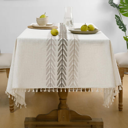 Softalker Outdoor Tablecloth Rectangle, Waterproof Linen Cotton Farmhouse Table Cloths with Tassel, Heavy Weight Wrinkle Free Boho Table Cover for Picnic Camping Dining - 55 x 70 Inch, Coffee Lines