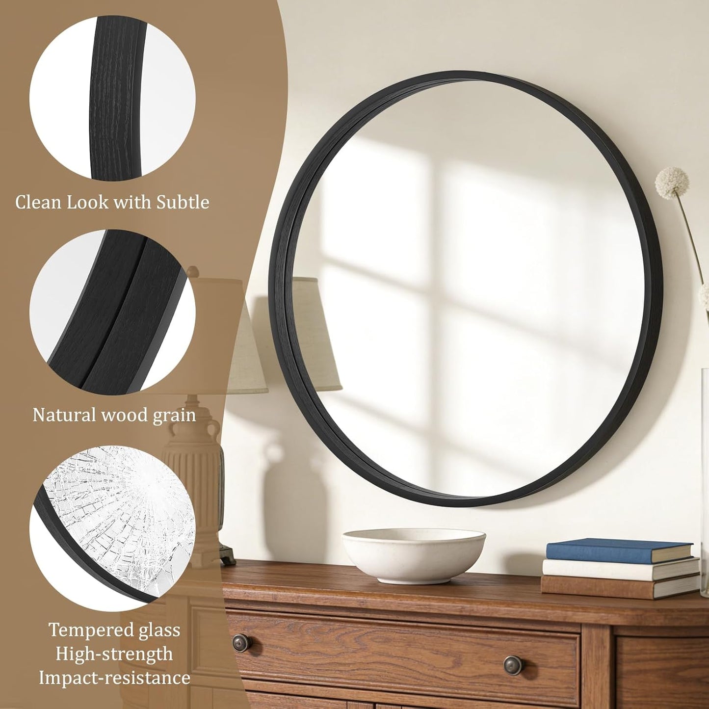 WallBeyond Wood Round Mirror with Wood Frame 24 inch Circle Wall Mirror for Bathroom Round Wall Mirror for Wall Decor, Vanity, Entryway Living Room (Walnut)