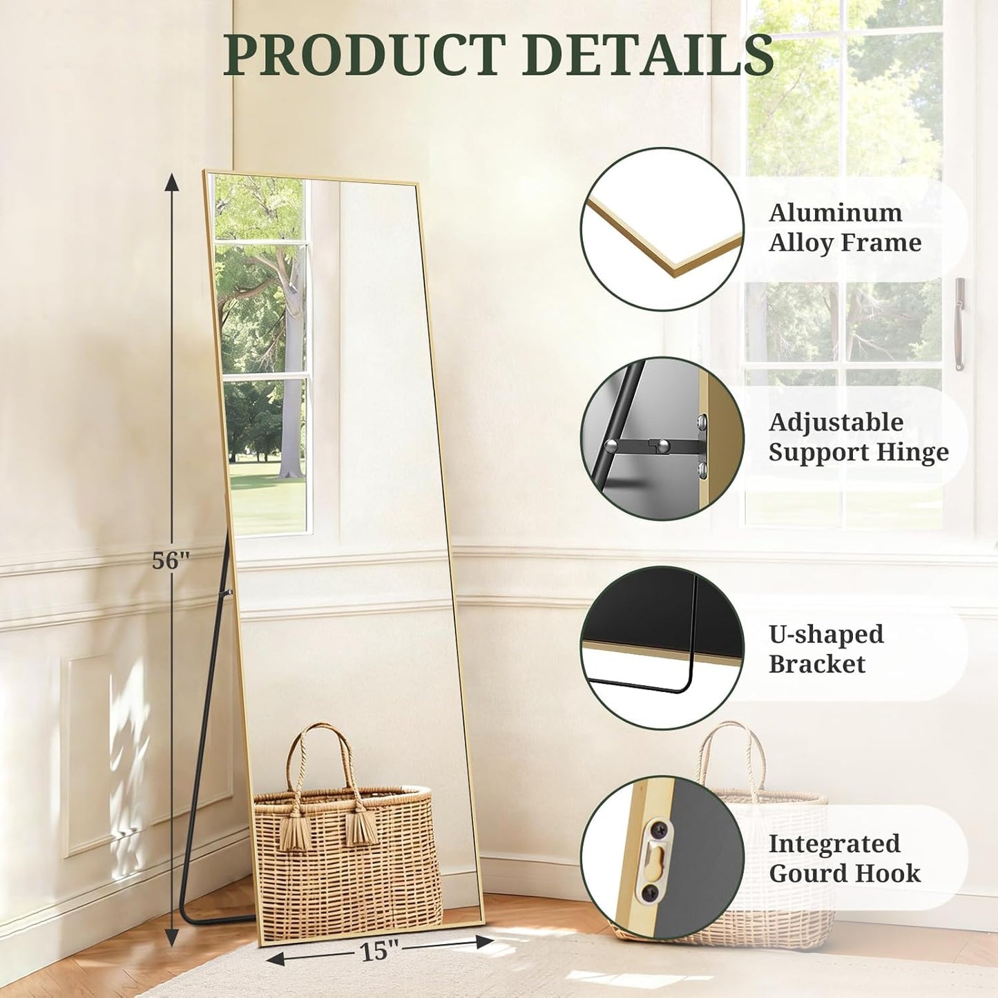 Mirror Full Length 64"x21" Full Body Floor Mirror with Stand, Shatterproof Glass, Aluminum Alloy Frame, Free Standing Wall Mounted or Leaning Arched Mirrors for Bedroom Living Room Entryway