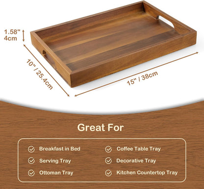 17 Inch Acacia Wood Serving Tray with Handles, Large Wooden Tray for Ottoman, Breakfast in Bed, Coffee Table, Dinner, Perfect for Living Room Bedroom Entryway and Kitchen