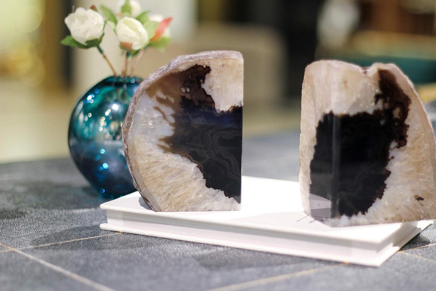 JIC Gem Dyed Blue Agate Bookends Geode Decorative Book Ends for Heavy Books with Rubber Bumpers for Office and Home Decoration Polished Small Size 2 to 3 Lbs