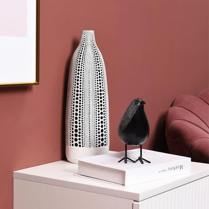 Quoowiit Bird Figurine, Modern Sculpture and Statues for Home Decor, Animal Statues for Bookshelf, Table, Entryway, Fireplace, Resin Decorative Sculpture with Chic Polka Dots Art Design (White)