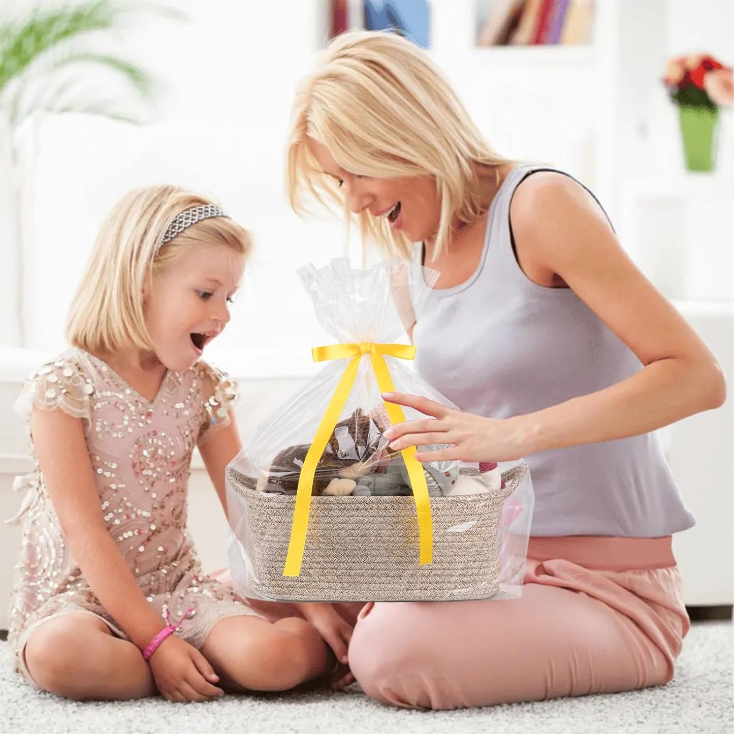 OIAHOMY Woven Basket, Gift Basket Empty with Gift Bags and Ribbons, Rope Baskets for Baby Showers, Storage Baskets with Handles for Nursery, Pet Toy Organizer - White