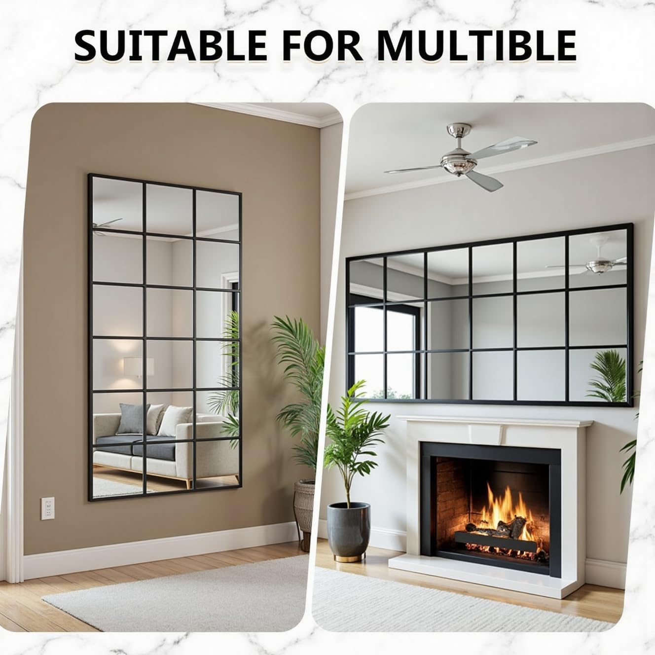 Dewfig 65"x 22" Arched Window pane Full Length Mirror, Wall Mirror, Floor Standing Mirrors, Farmhouse Long Full Body Mirrors Wall Mounted for Living Room, Bedroom, Entryway, Fireplace, Black