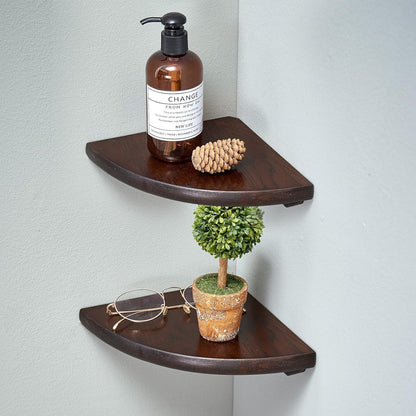 Corner Shelves, Floating Corner Shelf, Set of 2 7inch Solid Oak Wood Wall Shelves, Round End Wall Mount with Wire Hole Shelving for Small Plant for Bedroom Kitchen, Living Room