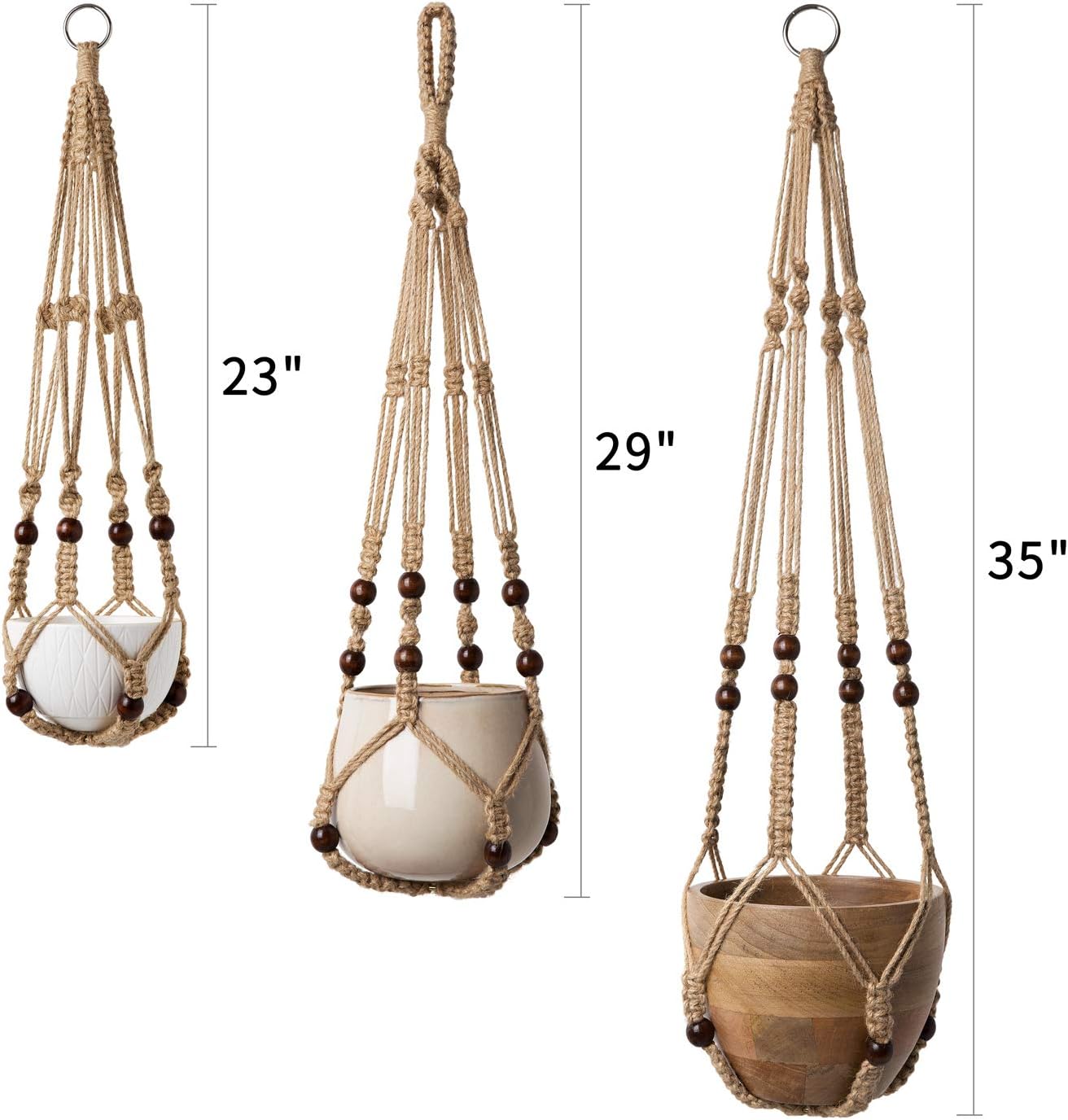 Mkono 3 Pack Macrame Plant Hangers Indoor Different Size Hanging Planter Basket Flower Pot Holder with Beads No Tassels 35"/29"/23", Medium, Brown
