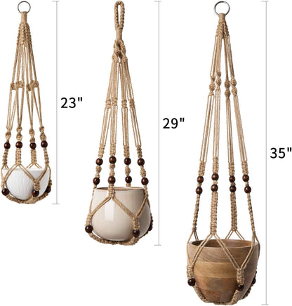 Mkono 3 Pack Macrame Plant Hangers Indoor Different Size Hanging Planter Basket Flower Pot Holder with Beads No Tassels 35"/29"/23", Medium, Brown