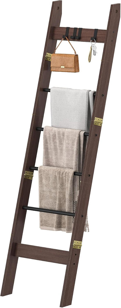 Hzuaneri Blanket Ladder for Living Room, Decorative Quilt Rack with 4 Removable Hooks, 5-Tier Farmhouse Ladder Holder Shelf Organizer for Bedroom, Rustic Brown and Black 02101BBR