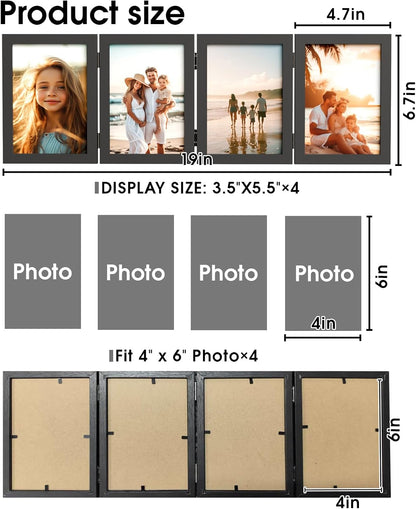 WARM&LOVE 6 Picture Frame, 4x6 & 4x4 Six Folding Hinged Photo Frames, Rustic Wood Desk Family Photo Collage Stand Vertical on Tabletop for Birthday Family Lover Gift (Black)