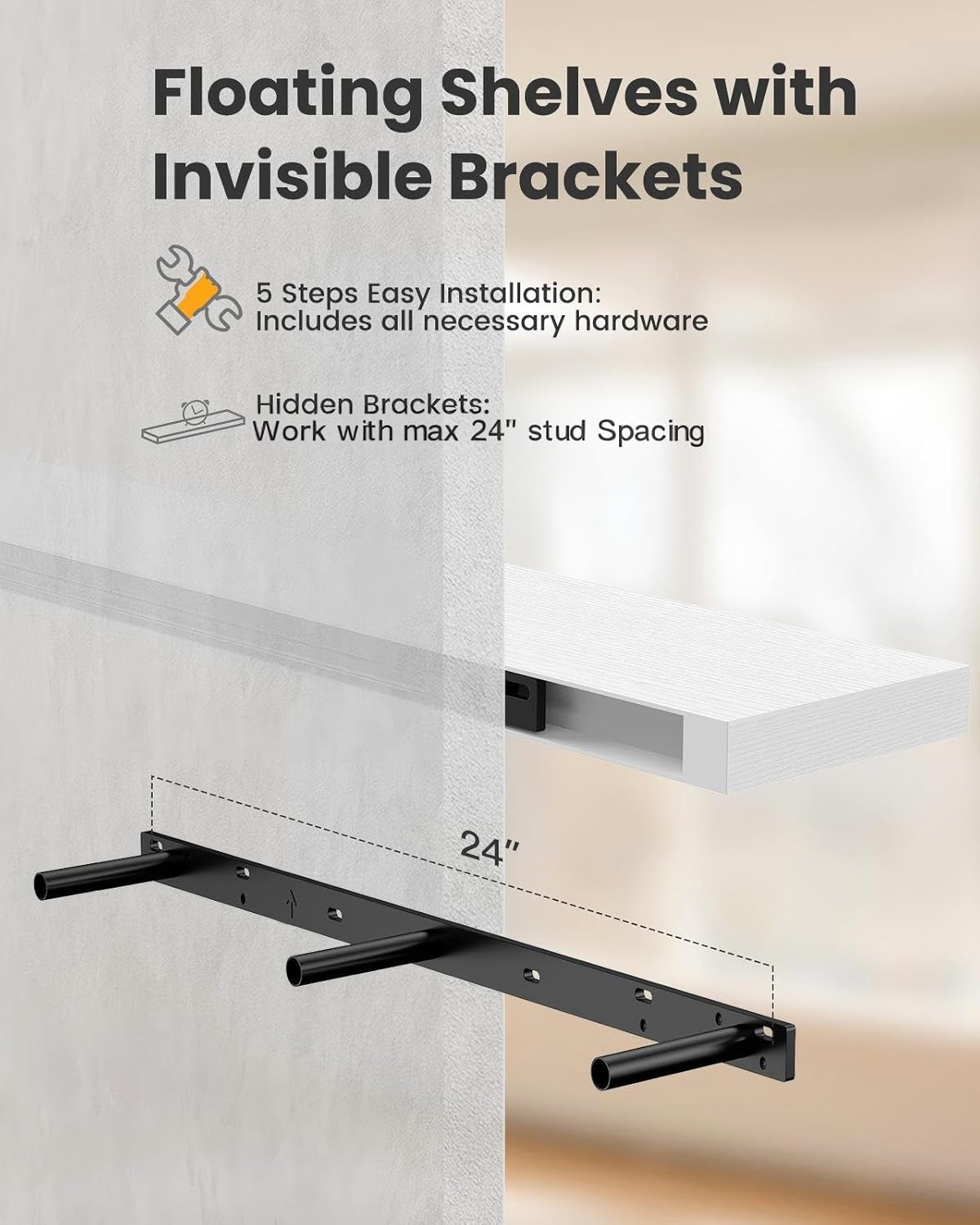 AMADA HOMEFURNISHING Floating Shelves, Wall Shelves for Bathroom/Living Room/Bedroom/Kitchen Decor, White Shelves with Invisible Brackets Set of 3 - AMFS08