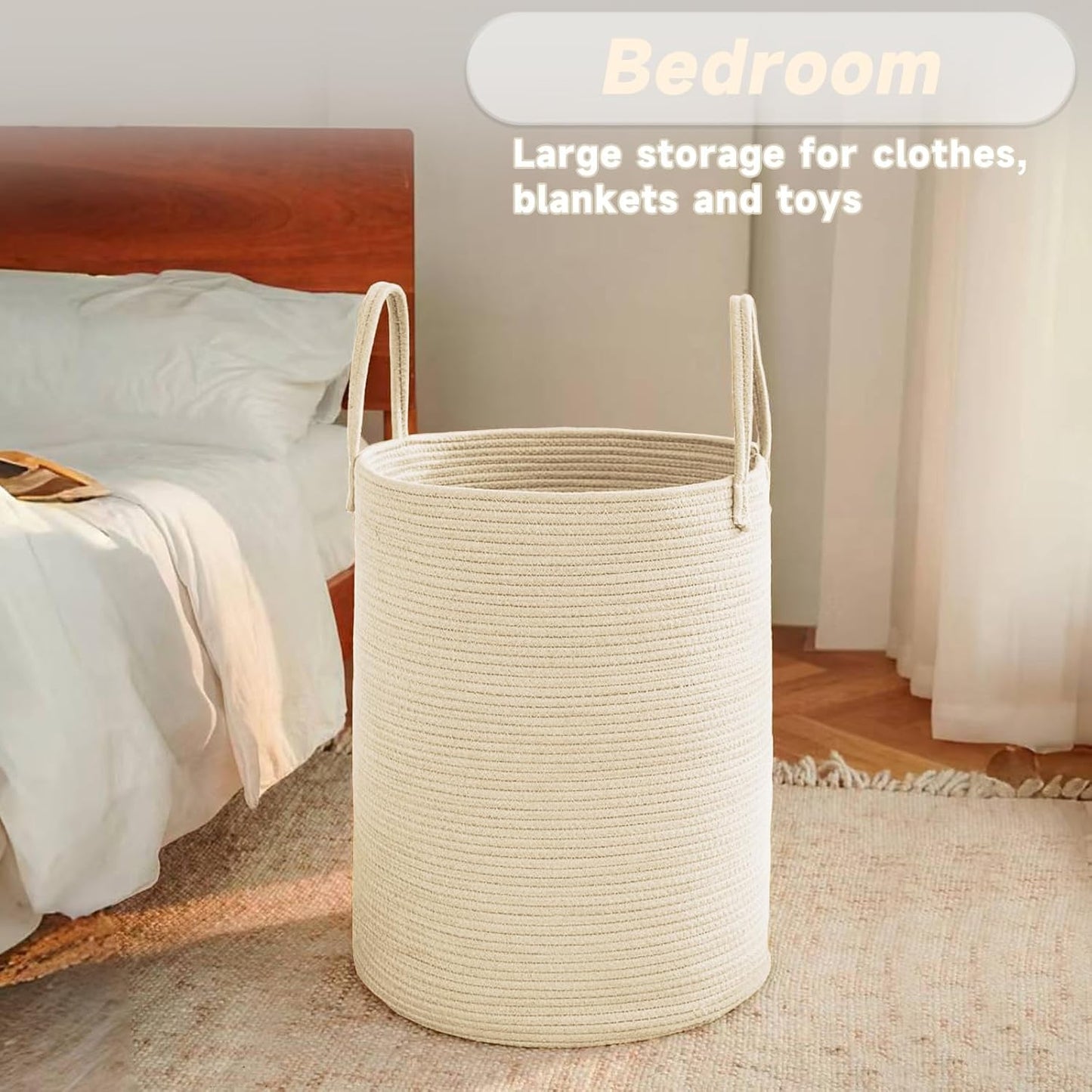 JMvicyroam Large Woven Laundry Basket Hamper,60L Cotton Rope Storage Bin for Blankets,Toys and Clothes,Decorative Tall Nursery Hamper for Living Room,Baby Nursery,Bathroom and Bedroom,Brown