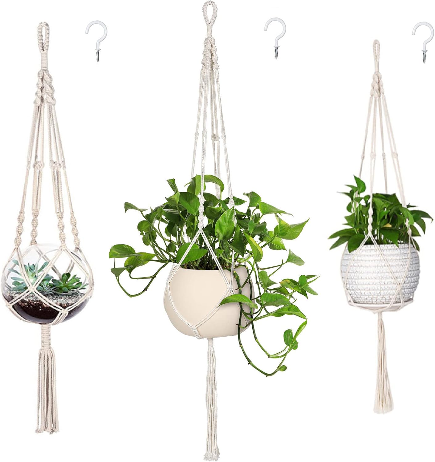 MIPON 3 Pack Macrame Plant Hangers with Hooks - 3 Sizes (34"/41"/46") Handmade Cotton Indoor/Outdoor Hanging Planter Holders,Boho Home Decor for Patio Balcony Living Room, Fits 5-10 Inch Pots