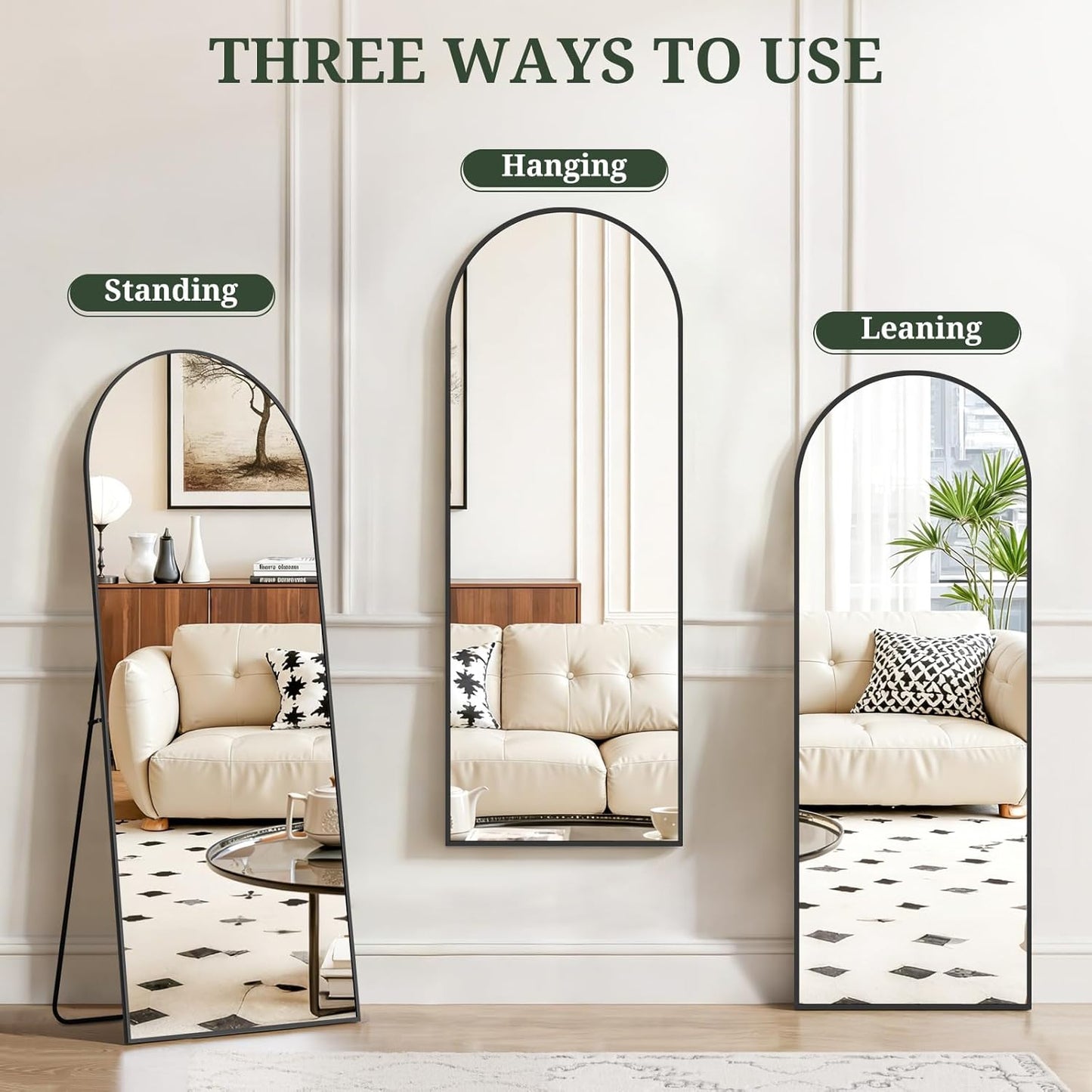 Mirror Full Length 64"x21" Full Body Floor Mirror with Stand, Shatterproof Glass, Aluminum Alloy Frame, Free Standing Wall Mounted or Leaning Arched Mirrors for Bedroom Living Room Entryway