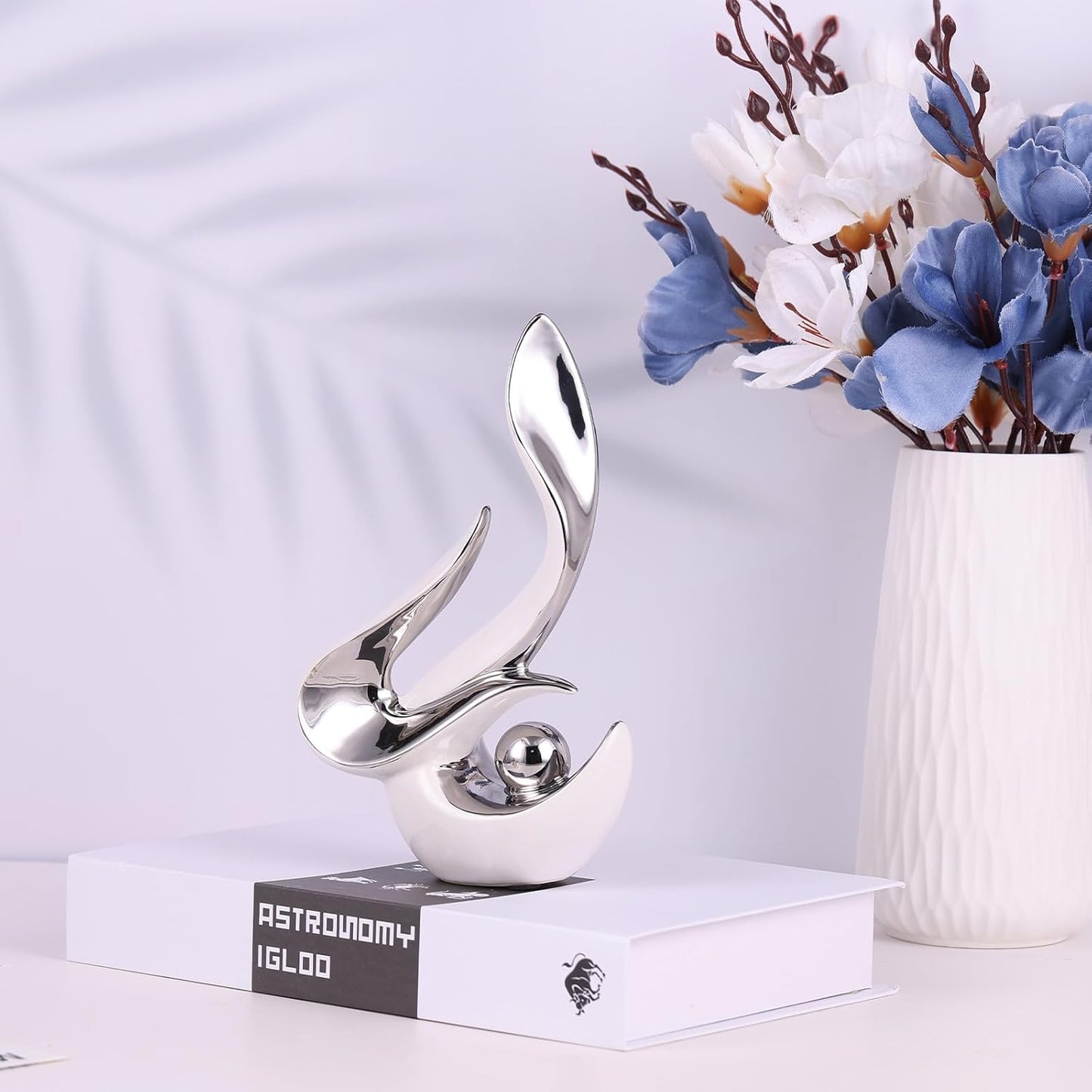 Silver Living Room Decor Table,Sculptures Home Decor,Modern Abstract Art,Dinner Table Centerpiece Decor,Ceramic Statue and Figurines Decorations Accent,Adorno Para Mesa Comedor(White Silver)