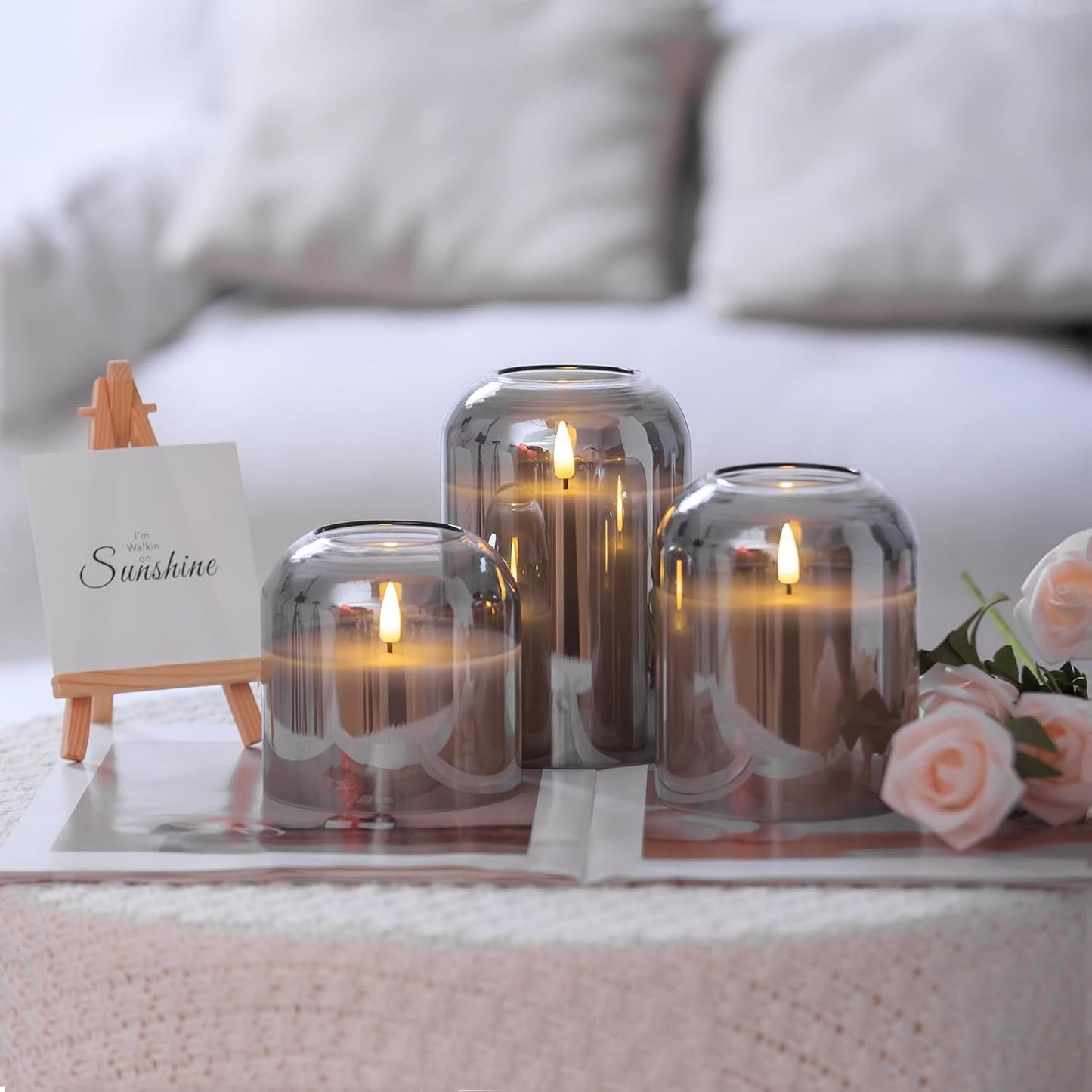 volnyus Gold Glass Flameless Candles with Remote Battery Operated Flickering LED Pillar Candles Real Wax 3D Wick Φ 4" H 4" 5" 6"