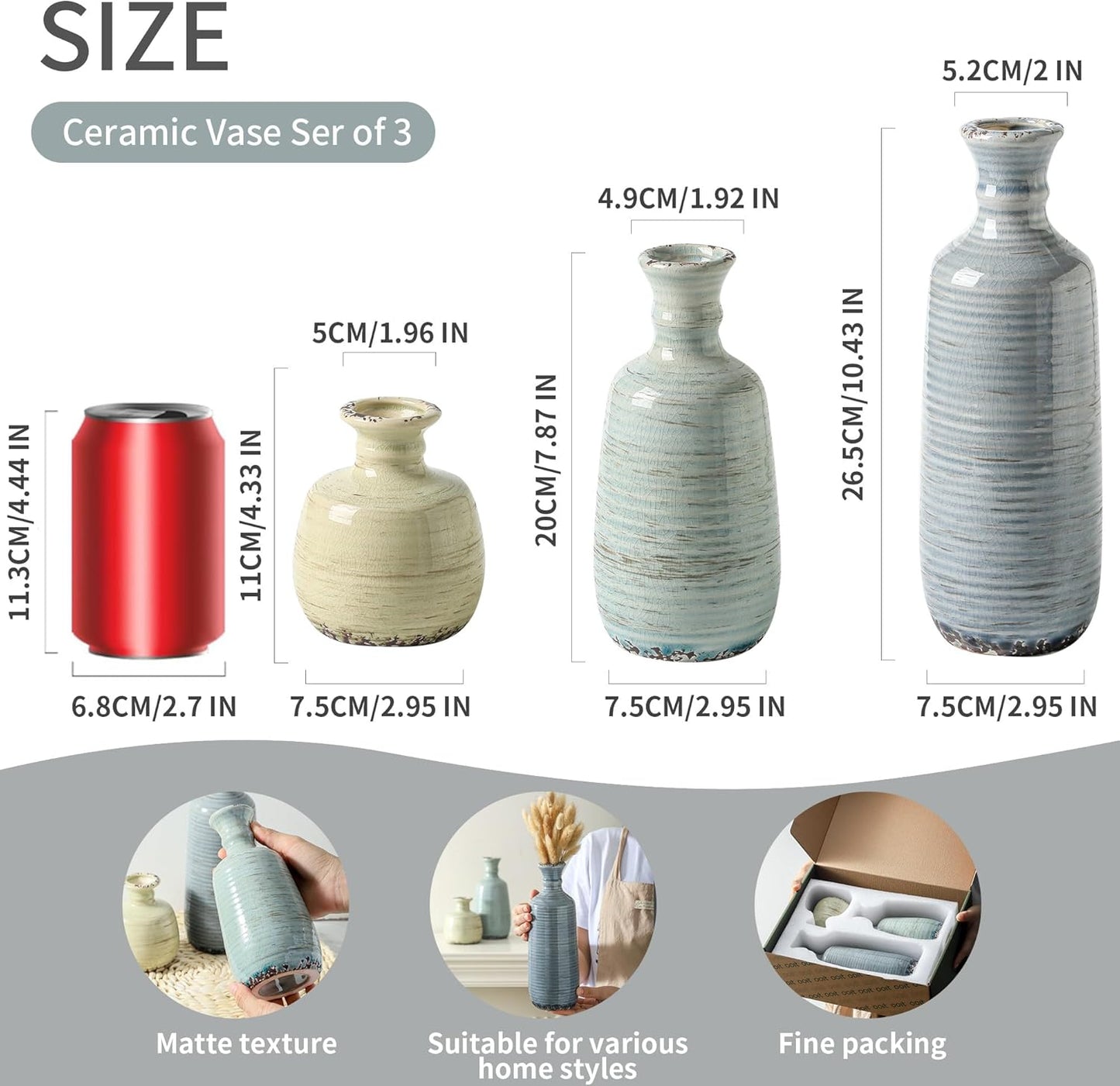 Ceramic Vase Set of 3 | Neutral Vase Home Decor with Handle | Pottery Modern Farmhouse Vases Pampas Grass Flower Vases for Home Decor Table Living Room Centerpieces Mantel Decor - Multicolor