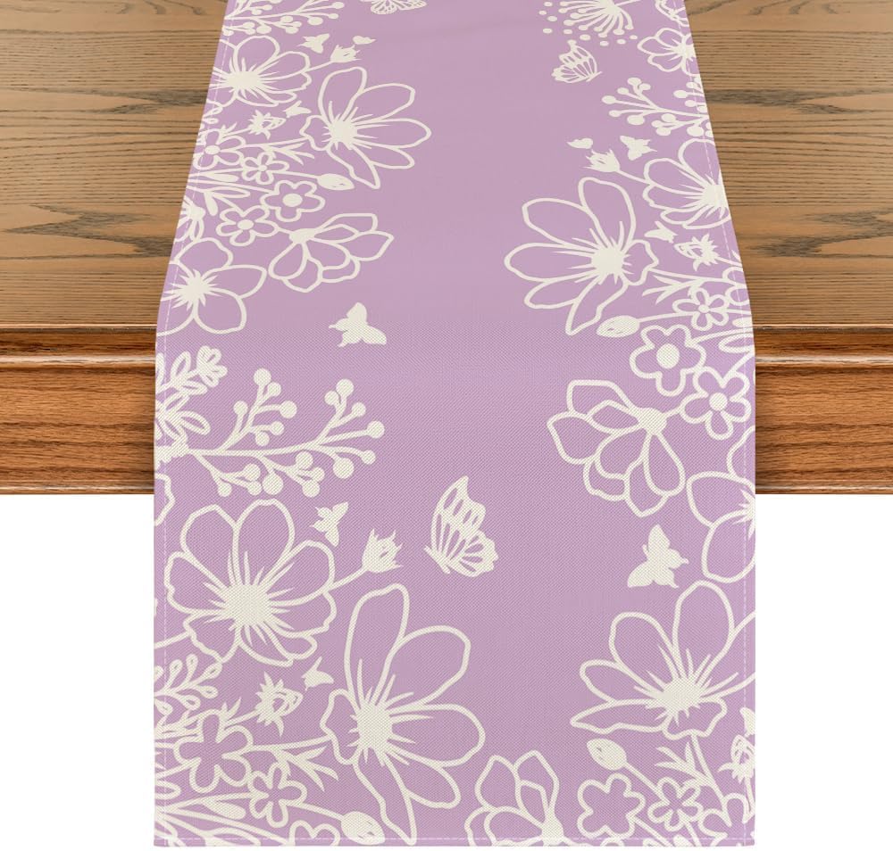 Artoid Mode Pink Bloom Flowers Butterfly Spring Table Runner, Seasonal Holiday Kitchen Dining Table Decoration for Home Party Indoor 13x72 Inch
