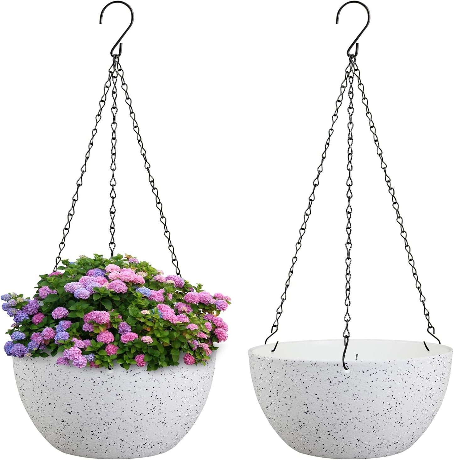 Meowell 10 inch Hanging Planters for Indoor Outdoor Plants, 2 Pack Hanging Flower Pots with Drainage Holes and Chain for Garden Porch, Plastic Hanging Baskets for House Plants, Speckled Grey