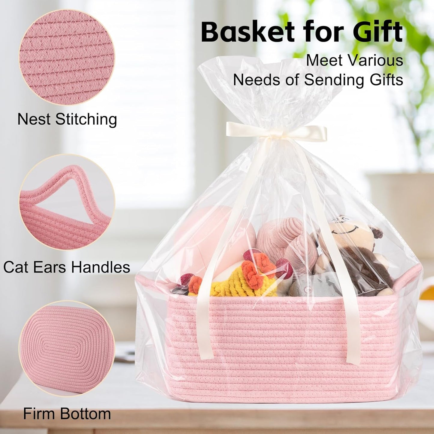 OIAHOMY Woven Basket, Gift Basket Empty with Gift Bags and Ribbons, Rope Baskets for Baby Showers, Storage Baskets with Handles for Nursery, Pet Toy Organizer - White