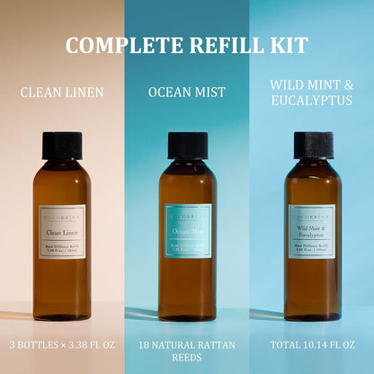 COCORRÍNA Reed Diffuser Set, 10.2oz Scented Oil Refill 3 Pack, Cashmere Vanilla, Ocean Mist, Lavender Garden, Long Lasting Oil Diffuser Refill with 18 Sticks for Bathroom & Bedroom