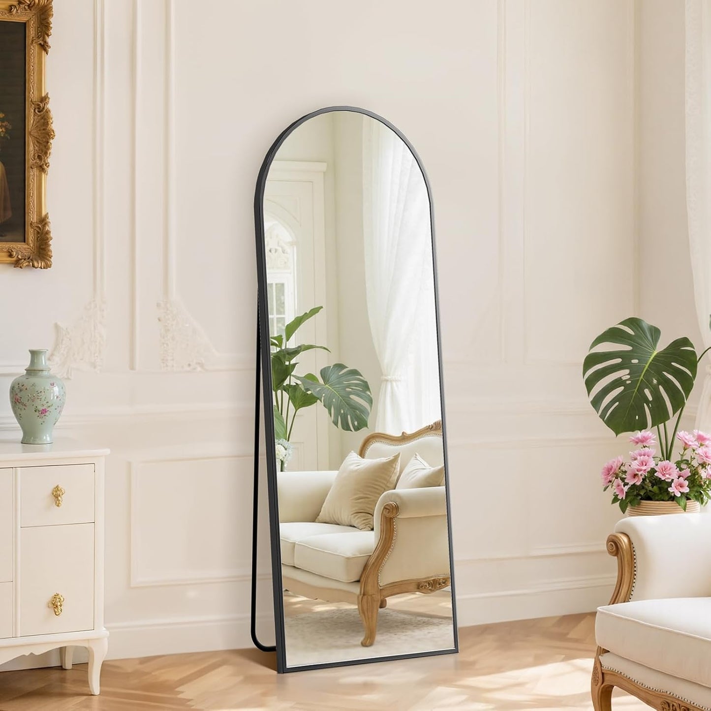 DUMOS Arched Full Length Mirror with Stand 64"x21" Floor Standing Aluminum Frame for Bedroom Body Hanging Leaning Modern Simple Home Decor Shatter-proorf Nano Glass Wall Living Room Cloakroom Black