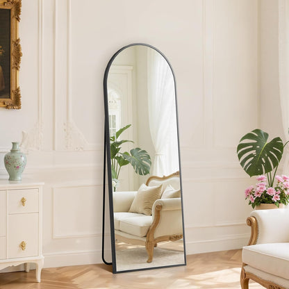 DUMOS Arched Full Length Mirror with Stand 64"x21" Floor Standing Aluminum Frame for Bedroom Body Hanging Leaning Modern Simple Home Decor Shatter-proorf Nano Glass Wall Living Room Cloakroom Black