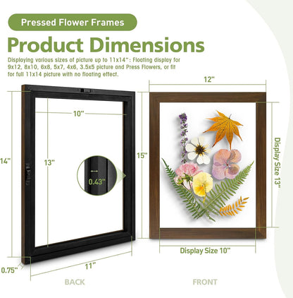 Golden State Art, 11X14 Floating Picture Frame, Black Wood Frame Display Any Size Photo Up To 11X14, Pressed Flower Frames with Hanging Hardware - Horizontal And Vertical Formats for Wall