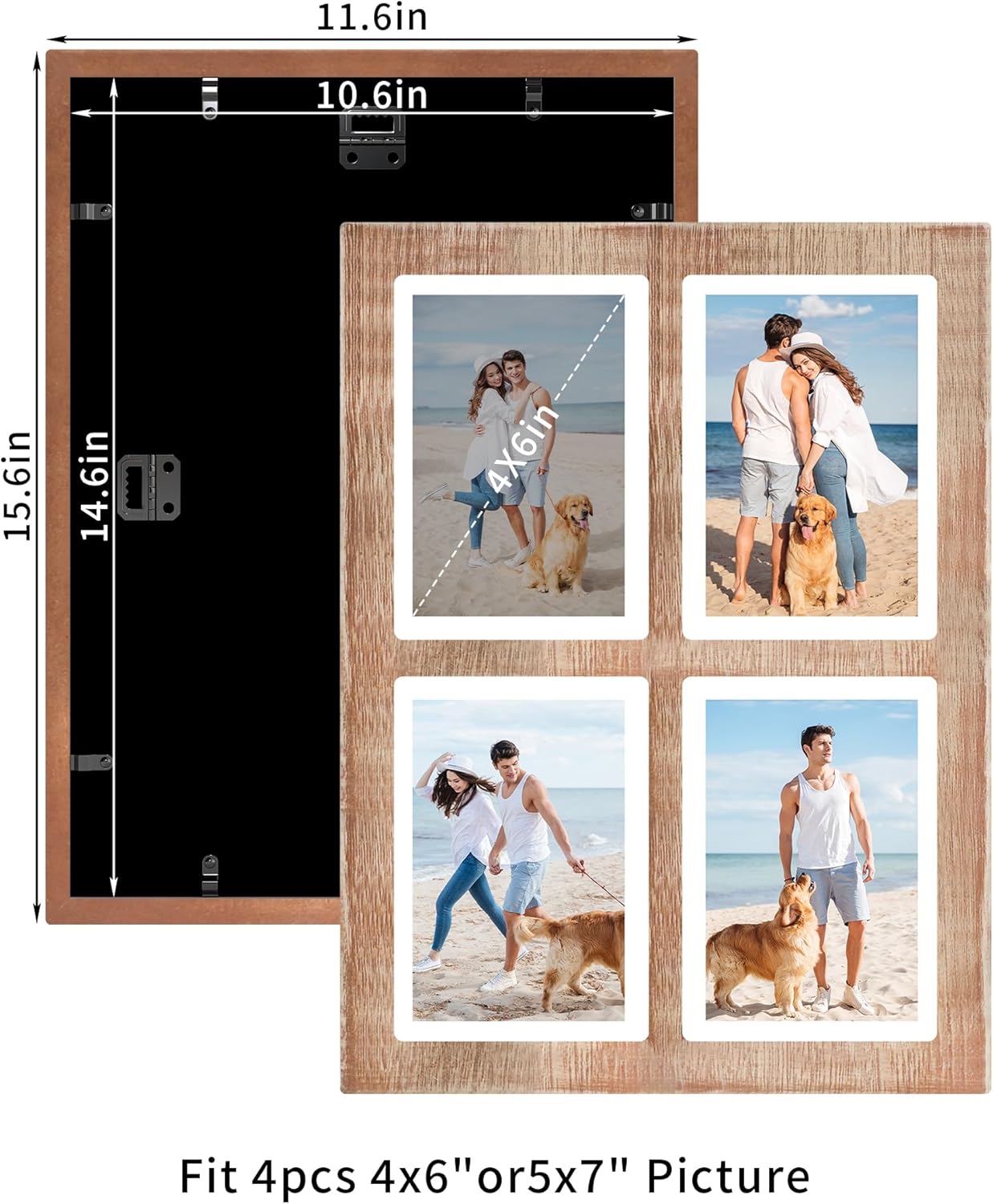 YESKAY 4x6 Picture Frame Collage for Wall Decor, Multiple Photo Collage Frames with Tempered Glass, 7-Opening for 4 x 6 Picture Frames, Rustic Brown, 1 Pack