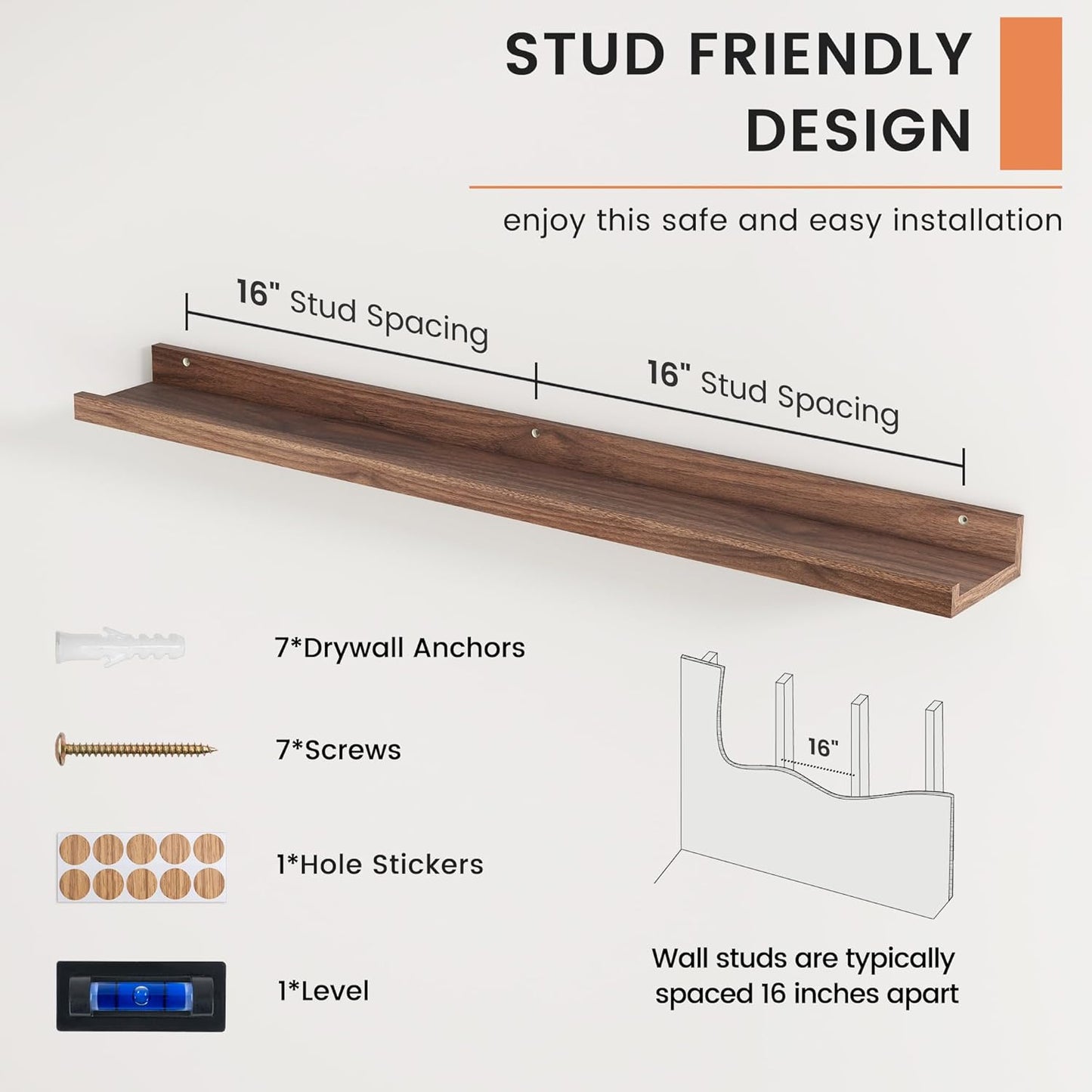 FLYJOE Picture Ledge Shelf, Floating Shelves Set of 2, 48 Inches Long Large Nursery Book Shelves for Toys Storage, Kids Bookshelf Wall Mounted for Living Room Bedroom Decor Books Photo Frames, Walnut