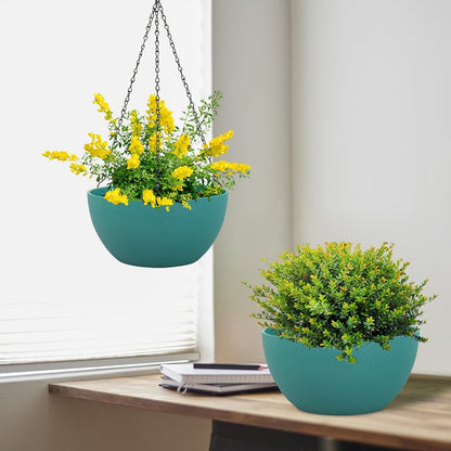 Meowell 10 inch Hanging Planters for Indoor Outdoor Plants, 2 Pack Hanging Flower Pots with Drainage Holes and Chain for Garden Porch, Plastic Hanging Baskets for House Plants, Speckled Grey