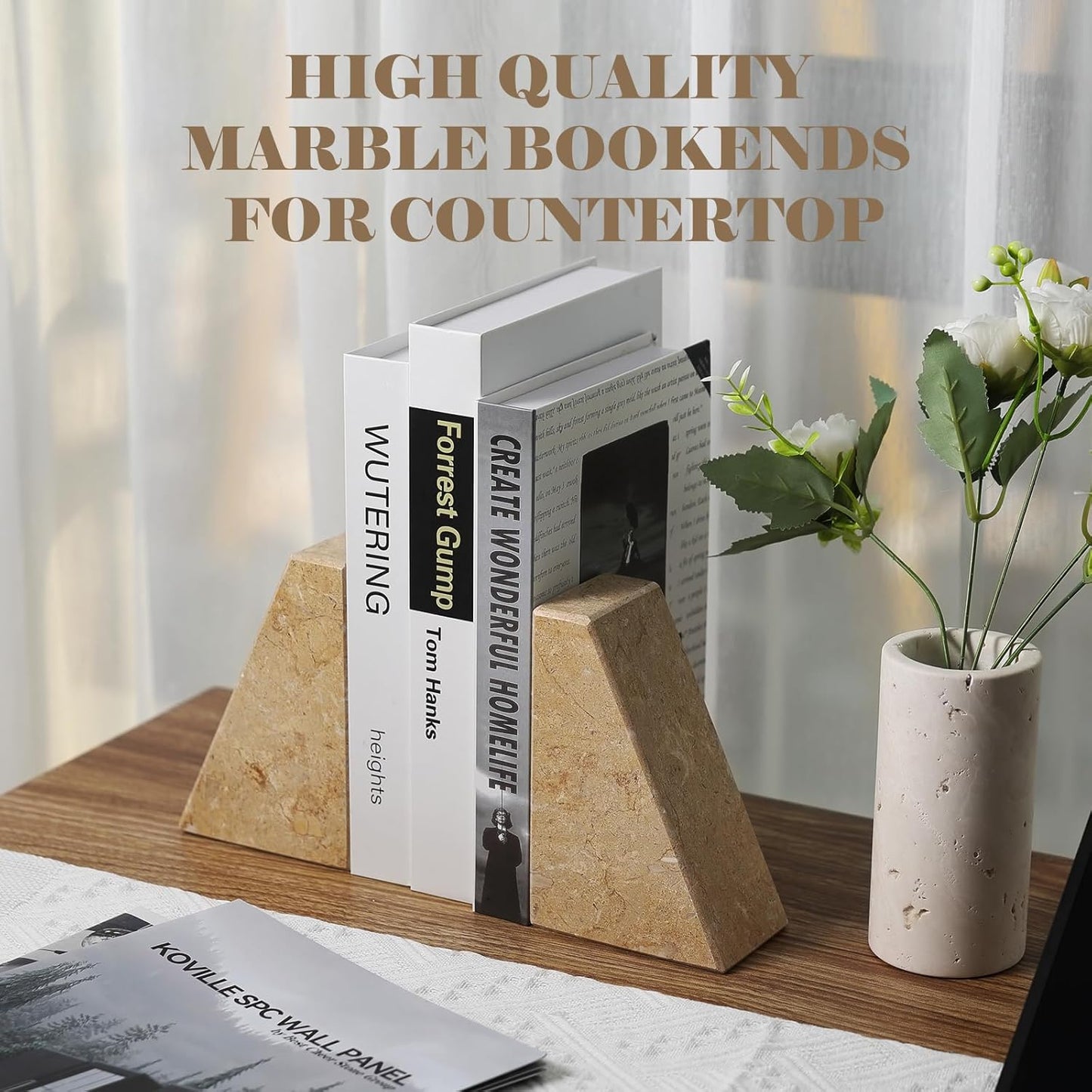 Karibiber Travertine Bookends for Heavy Books, Marble Decorative Bookends for Shelves, Heavy-Duty Stone Book Ends for Hardback Book & Cookbooks, Unique Book Stopper & Holder, Travertino Italy