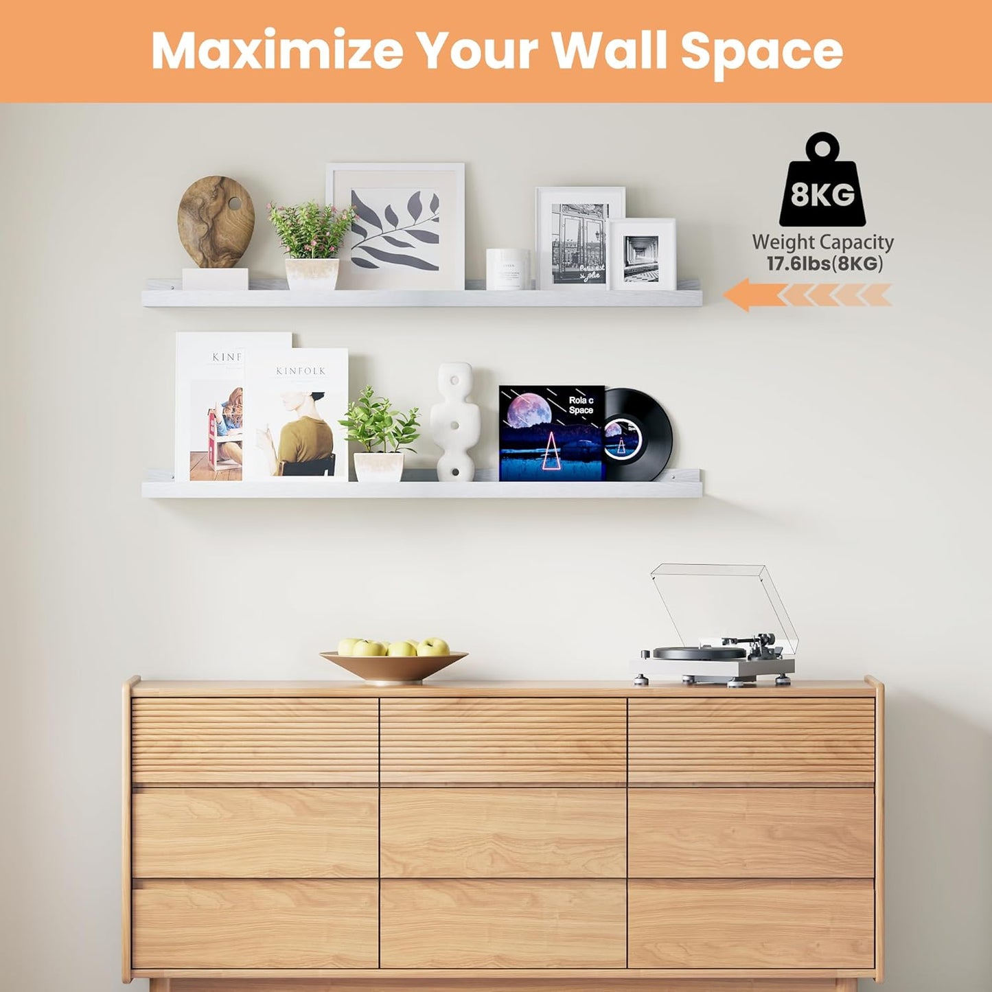 upsimples 6 Pack Wooden Floating Shelves, Wall Storage Decor Shelf for Bathroom, Bedroom, Living Room, Kitchen, Office and Laundry Room, Wall Mounted Display Hanging Shelf, Brown