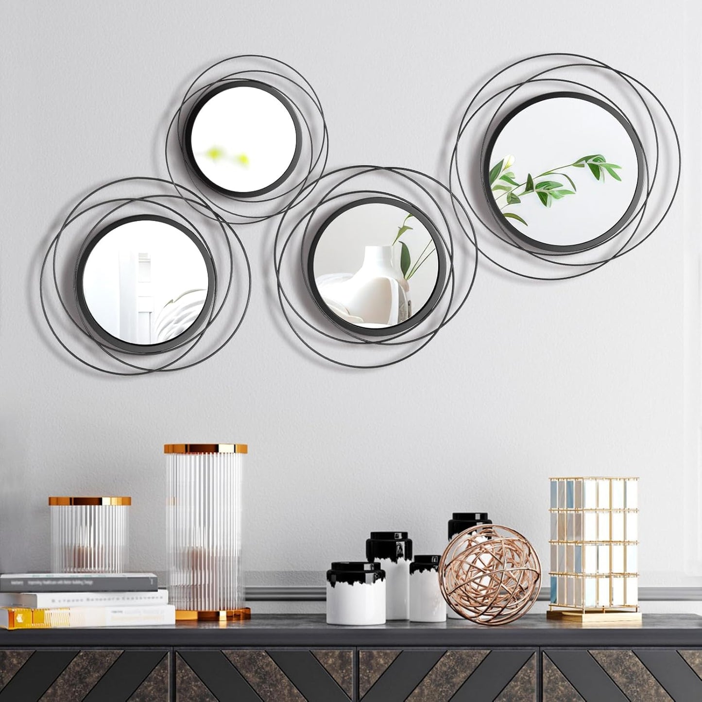 Hicarer 4 Pcs Decorative Wall Mirror Round Modern Circle Mounted Mirror Metal Wall Art Decor for Bedroom Living Room Entryway Dining Room Hallway(Gold)