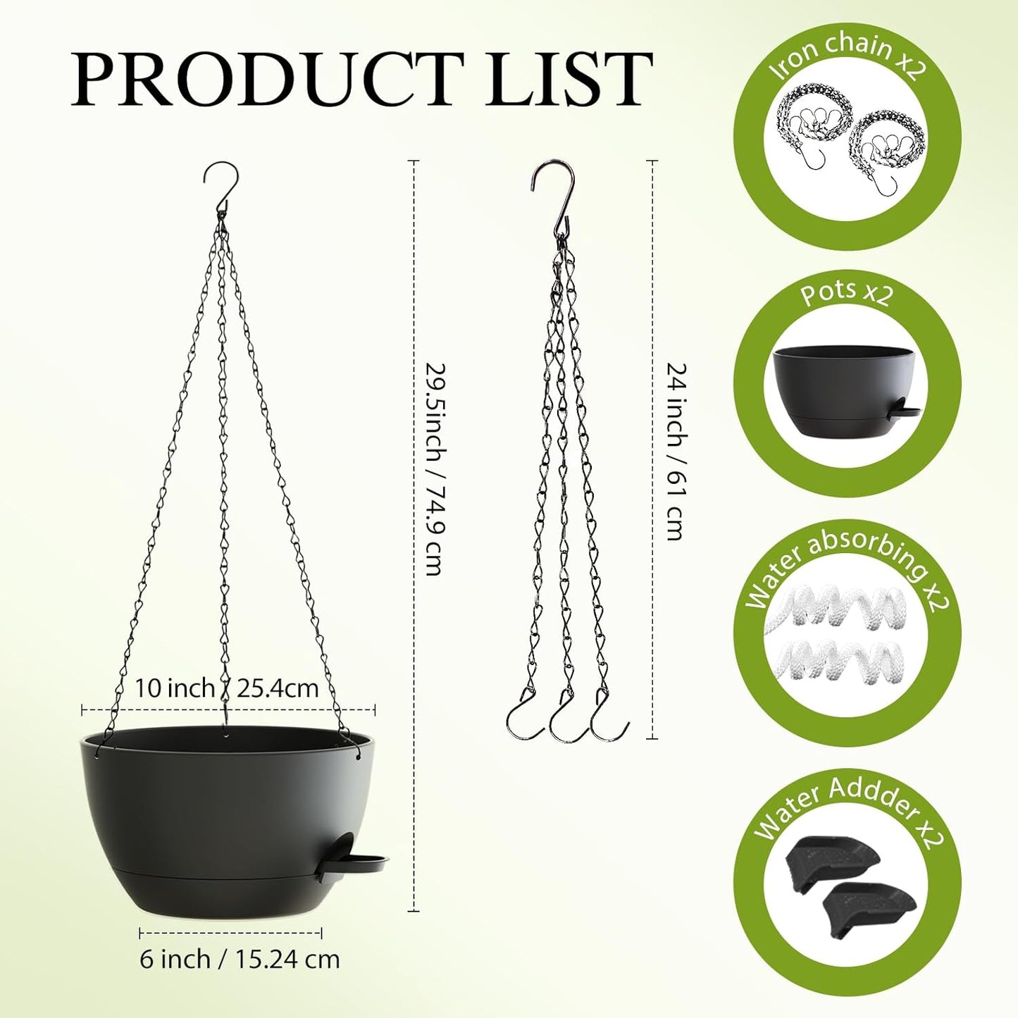 12 Inch Hanging Baskets 2 PC with Chains, Self-Watering Hanging Planters for Indoor Outdoor Plants, Plastic Hanging Flower Pots,Black