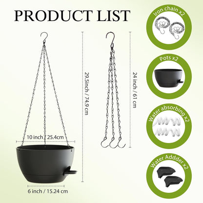 12 Inch Hanging Baskets 2 PC with Chains, Self-Watering Hanging Planters for Indoor Outdoor Plants, Plastic Hanging Flower Pots,Black