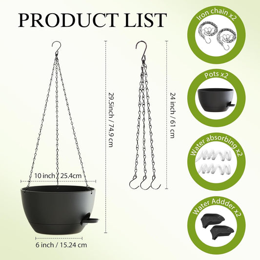 12 Inch Hanging Baskets 2 PC with Chains, Self-Watering Hanging Planters for Indoor Outdoor Plants, Plastic Hanging Flower Pots,Black