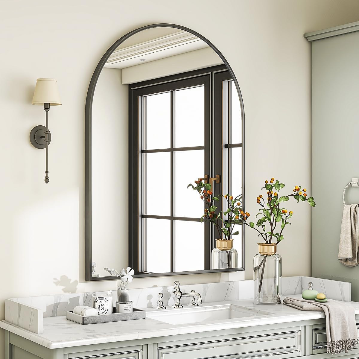 VooBang Arched Wall Mirror, 24 x 36 inch Arch Bathroom Mirror, Wall Mounted Vanity Mirror with Arch Metal Frame, Modern Bathroom Vanity Mirror for Bedroom, Living Room, Hanging or Leaning, Black