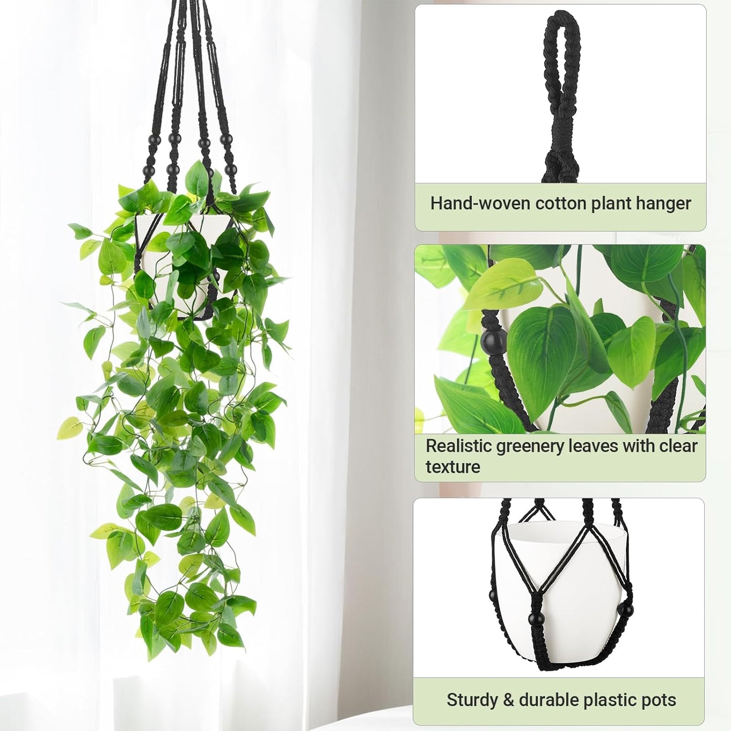 Mkono Fake Hanging Plant with Pot, Artificial Plants for Home Decor Indoor Macrame Plant Hanger with Fake Vines Greenery for Bedroom Bathroom Kitchen Office Decor, Ivory (Pothos)