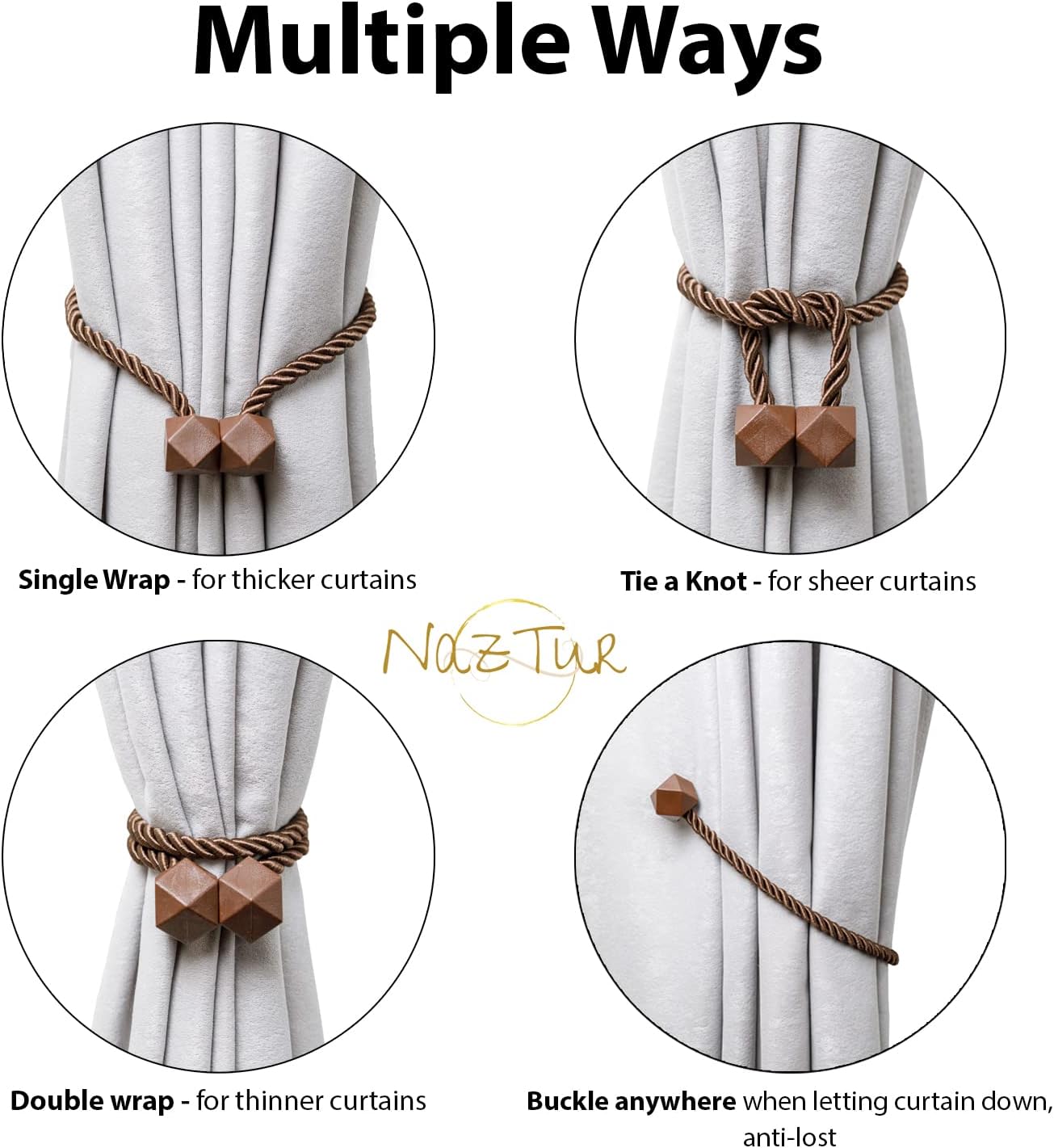 NazTur Magnetic Curtain Tiebacks- Upgrade 2022 with a Thicker Twist Rope & Strong Magnet Tieback Window Treatment Holdbacks Draperies Holders Decorative Drape Handmade Tie Back (Black, 2)