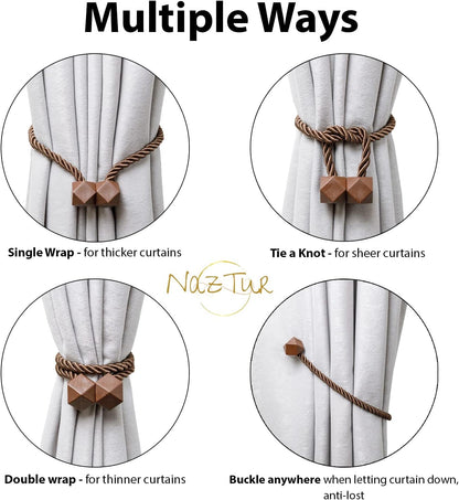 NazTur Magnetic Curtain Tiebacks- Upgrade 2022 with a Thicker Twist Rope & Strong Magnet Tieback Window Treatment Holdbacks Draperies Holders Decorative Drape Handmade Tie Back (Black, 2)
