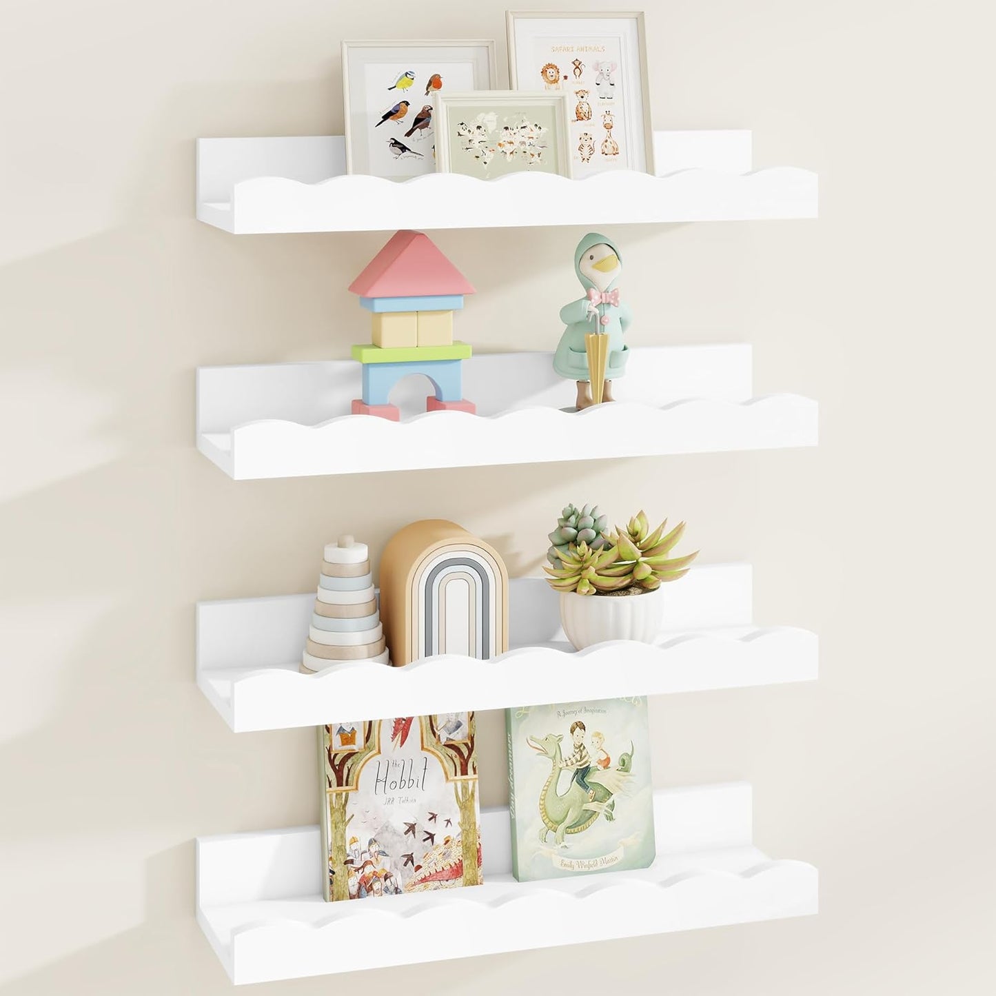 Fun Memories Picture Ledge Shelf for Wall, 24 inch Pine Wood Nursery Book Shelves Set of 2- Wall Book Shelves for Kids Room, Home Decor - Kitchen Spice-White