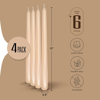 Leor & Lair Ivory Taper Candles - 4 Pack 10" Ivory Candlesticks - Unscented Cream Candle Sticks for Home Decoration, Holiday Tables, Weddings, Restaurants & Business Events