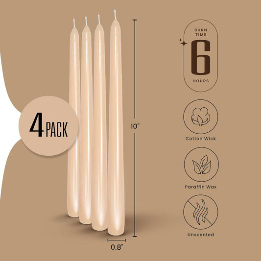 Leor & Lair Ivory Taper Candles - 4 Pack 10" Ivory Candlesticks - Unscented Cream Candle Sticks for Home Decoration, Holiday Tables, Weddings, Restaurants & Business Events