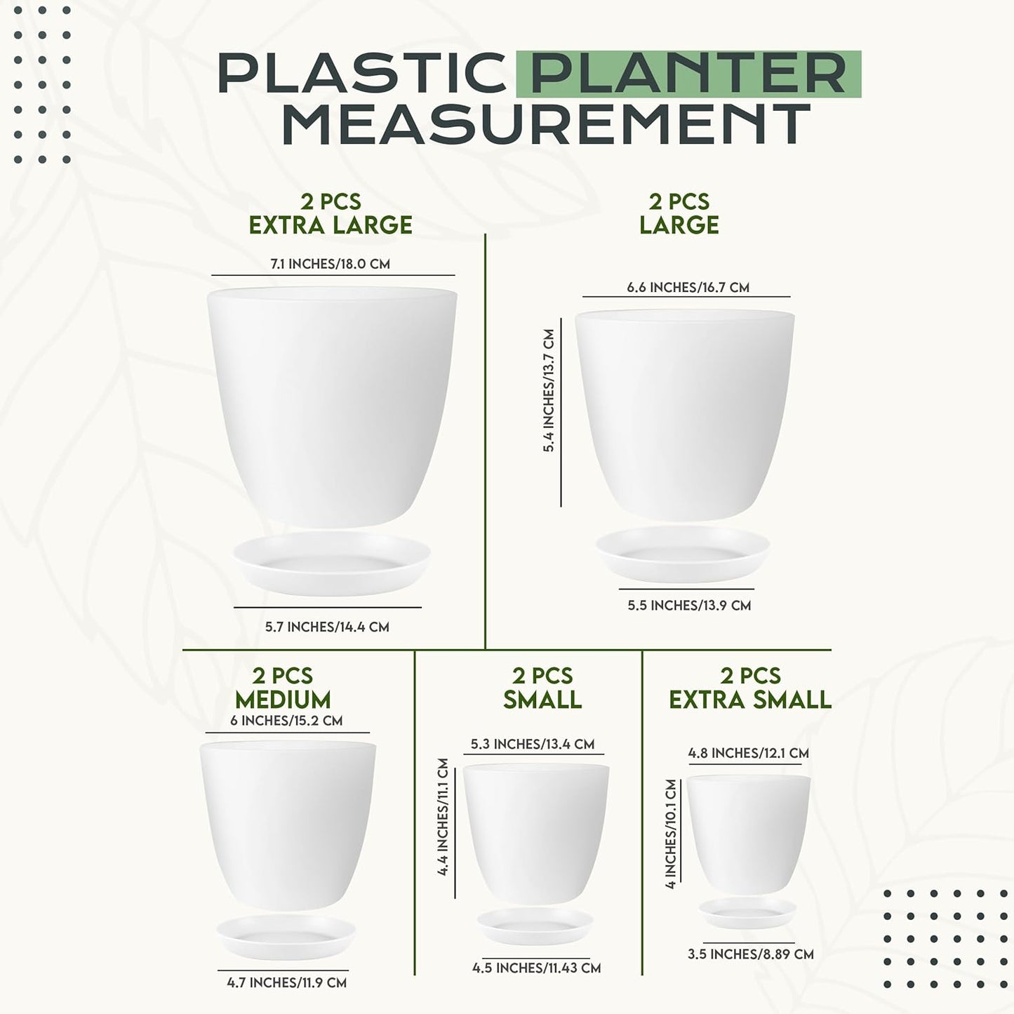 Utopia Home Plant Pots Indoor with Drainage Holes – Set of 5 White Plastic Flower Pots (7/6.6/6/5.3/4.8 Inch) – Modern Planters for Indoor Plants, Room & Office Décor, Great Stocking Stuffers
